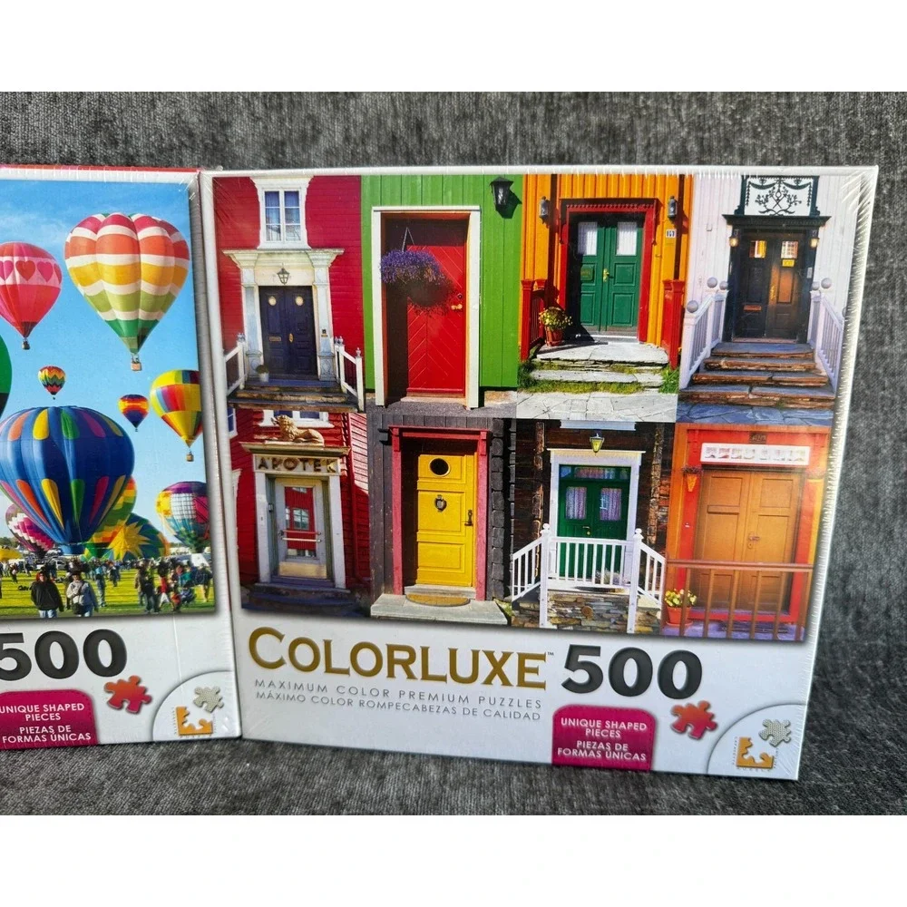 Lot of 2 Colorluxe 500 Piece Puzzles - Hot Air Balloon Fiesta & Colorful Doors